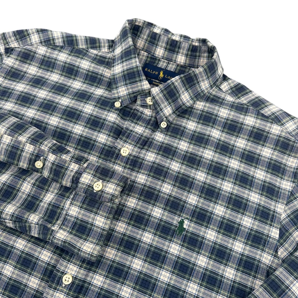 Ralph Lauren Custom‎ Fit Mens Large Plaid Button Down Shirt Navy Green White 375